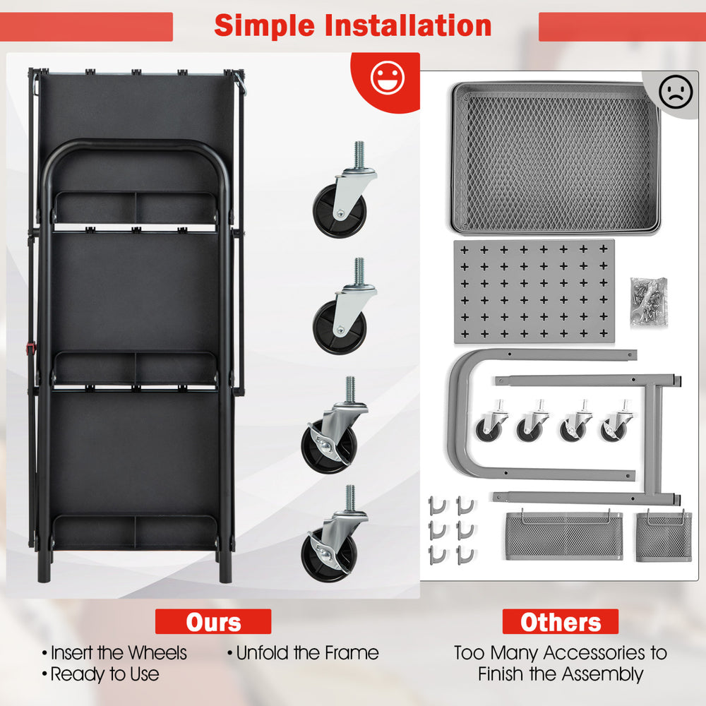 3-tier folding trolley cart in black features a heavy-duty metal frame, universal wheels, and tool grooves for organization.
