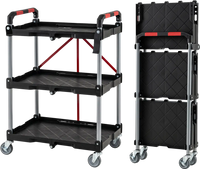 3-tier folding utility cart with swivel wheels and brakes, featuring a portable design for easy transport and storage.