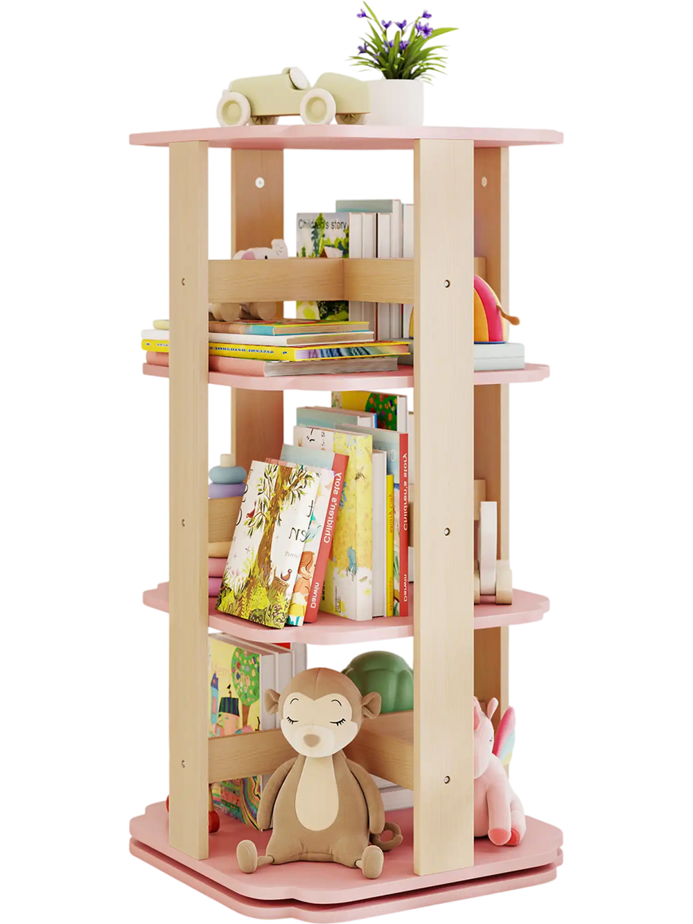 3-tier pink toddler book rack with 12 sectors, rotating design for easy access, perfect for kids' rooms or.