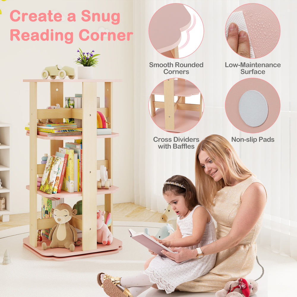 3-tier pink toddler book rack with 12 sectors, featuring smooth corners and anti-slip pads, perfect for kids' rooms.