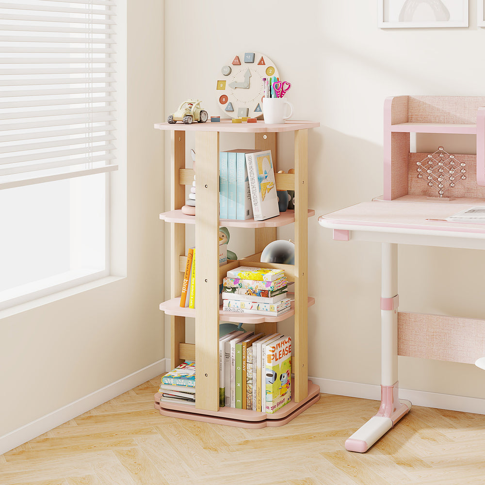 Freestanding pink toddler book rack with 3 tiers, featuring smooth baffles to keep books organized in kids' rooms.
