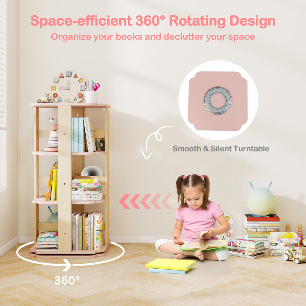3-tier pink toddler book rack with 12 sectors, 360° rotating design for easy access and space-saving in kids' room.