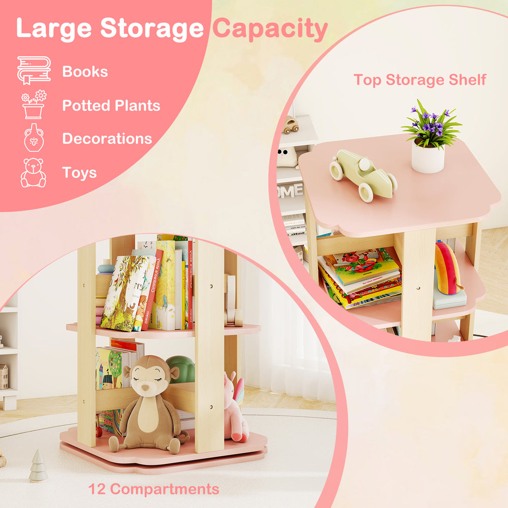 3-tier pink toddler book rack with 12 compartments, ideal for storing books and toys in kids' rooms or kindergartens.