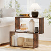 Freestanding 3-tier geometric bookshelf in brown, featuring open shelves and two cubic compartments for versatile.
