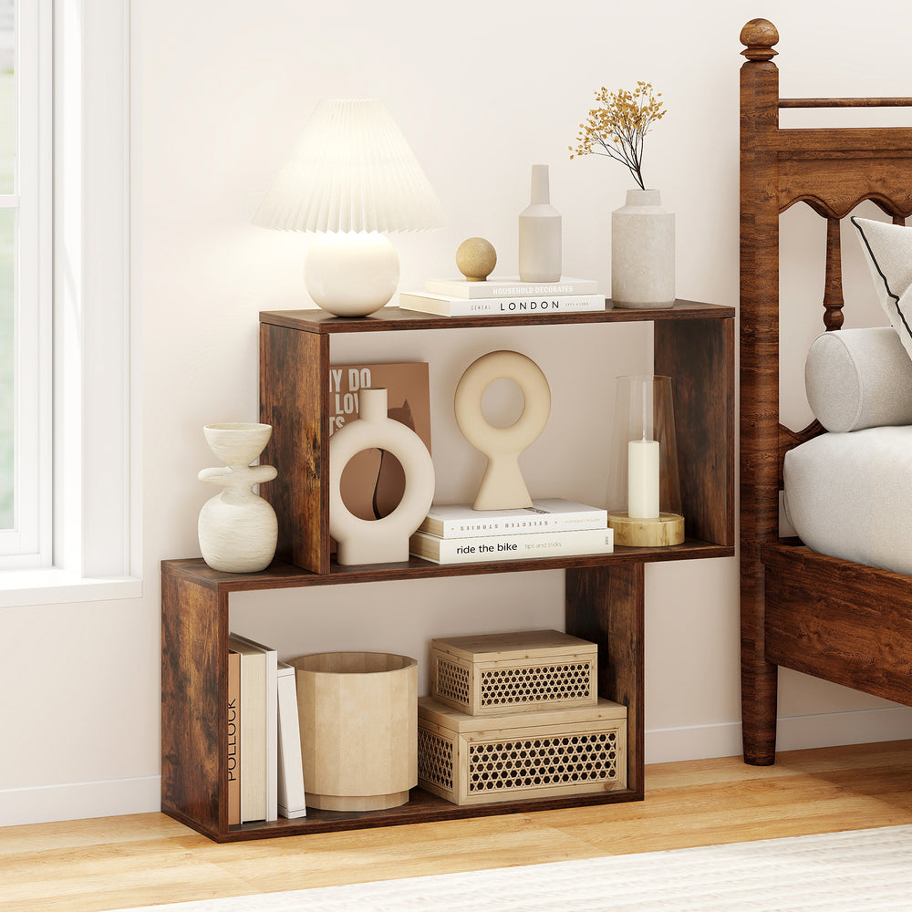 3-tier geometric wooden bookshelf in brown with open shelves, ideal for books and decor in modern spaces.