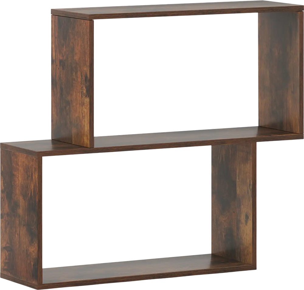 Freestanding 3-tier geometric bookshelf in brown wood with two cubic compartments for stylish storage and display.