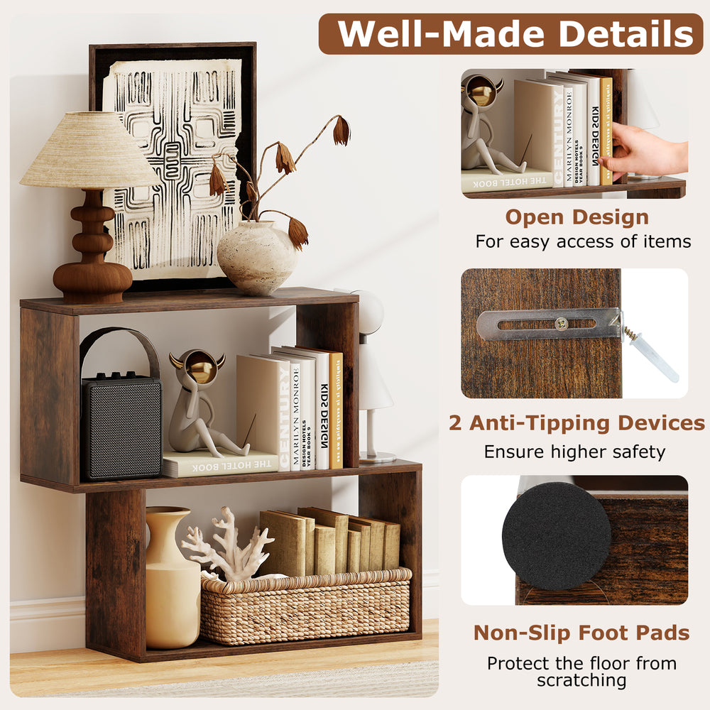 3-tier geometric bookshelf in brown with open shelves, anti-tipping devices, and non-slip foot pads for stability.