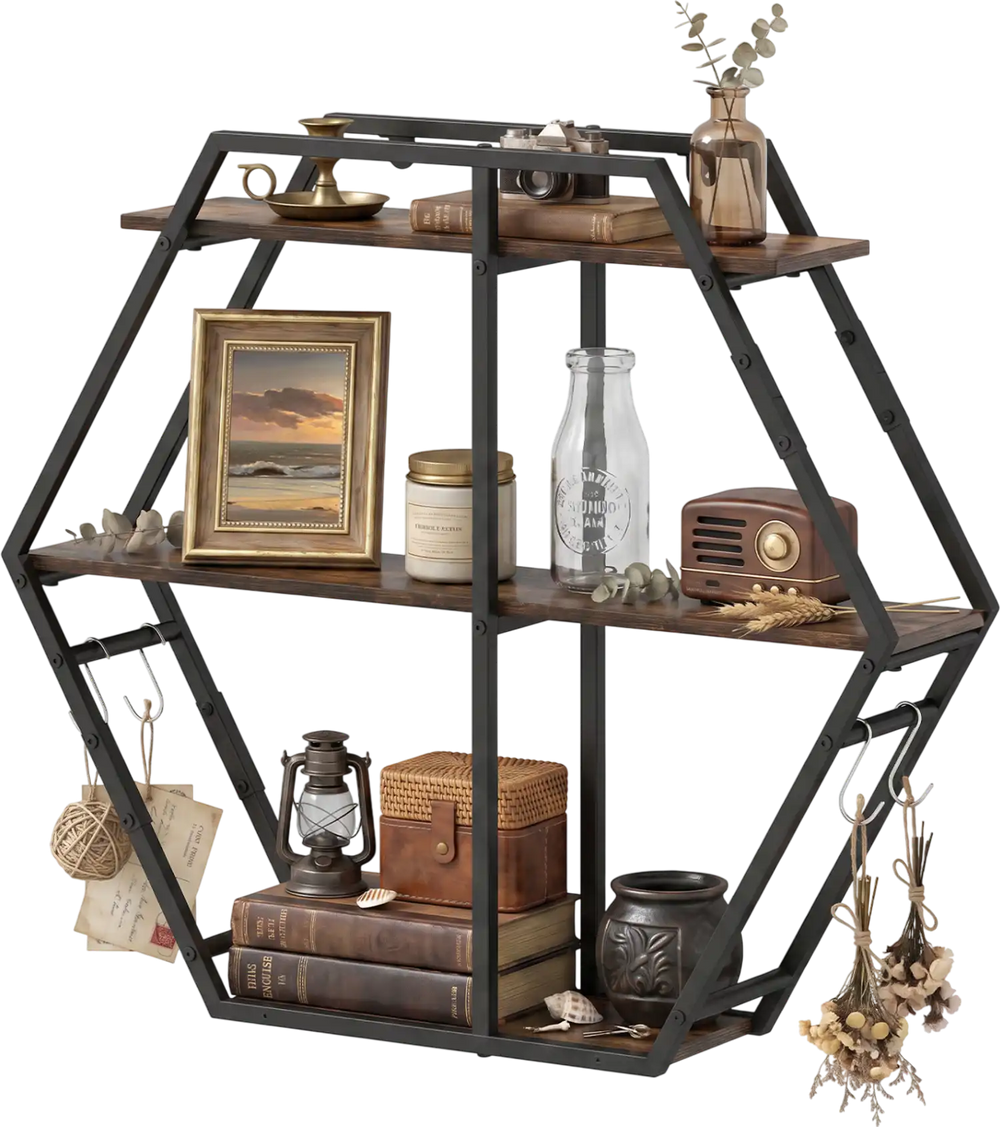 3-tier geometric bookcase in rustic brown with S-shaped hooks, showcasing decorative items and books for stylish.