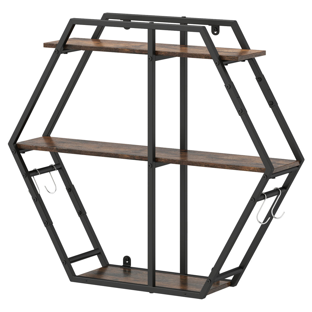 3-tier geometric bookcase in rustic brown with S-shaped hooks, perfect for stylish living room storage.