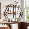 3-tier geometric bookcase in rustic brown with S-shaped hooks, ideal for stylish bathroom or living room organization.
