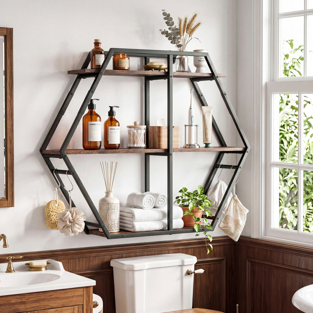 3-tier geometric bookcase in rustic brown with S-shaped hooks, ideal for stylish bathroom or living room organization.