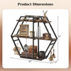 3-tier geometric bookcase in rustic brown with dimensions 32"x27"x7", featuring S-shaped hooks for stylish storage.