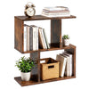 3-tier geometric bookshelf in brown, featuring an open design for books and plants, perfect for narrow spaces.