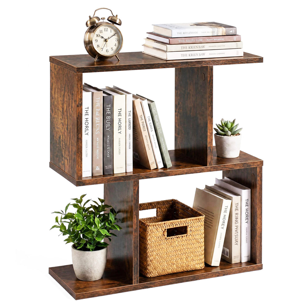 3-tier geometric bookshelf in brown, featuring an open design for books and plants, perfect for narrow spaces.