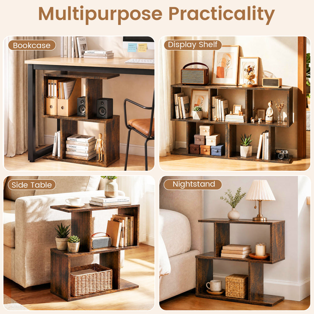 3-tier geometric bookshelf and side table set in brown, perfect for books, plants, and decor in compact spaces.