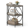 3-tier half round end table with gray wood-like surface and sturdy metal frame, ideal for living room storage and decor.