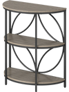 3-tier half round end table with gray wood-like surface and sturdy metal frame, perfect for living room or bedroom use.