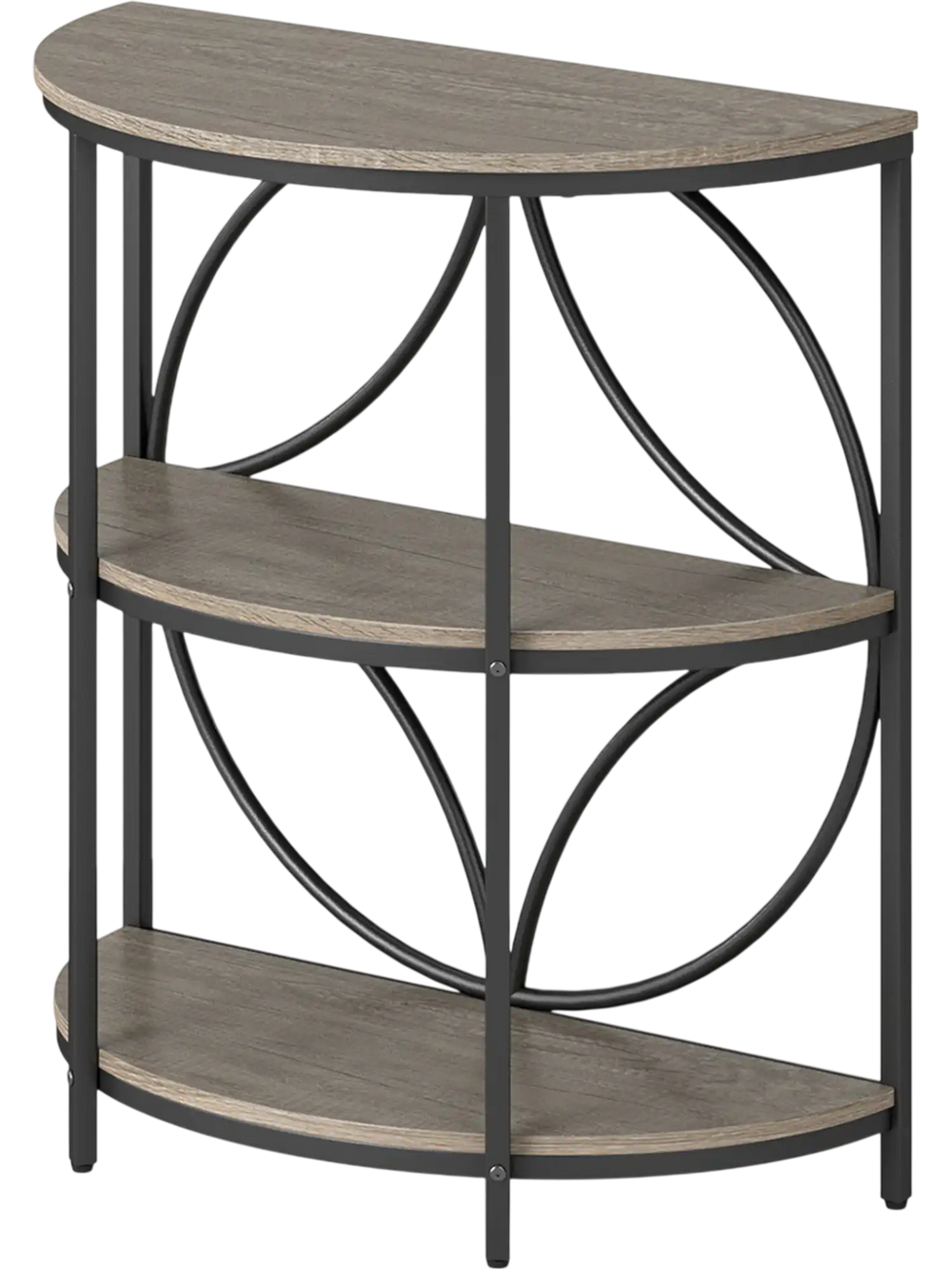 3-tier half round end table with gray wood-like surface and sturdy metal frame, perfect for living room or bedroom use.