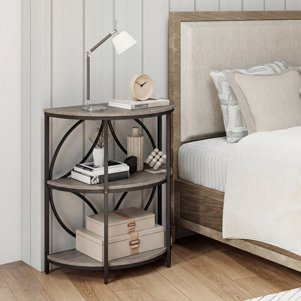 3-tier half round end table with gray wood-like surface and metal frame, perfect for living room or bedroom use.