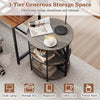 3-Tier half round end table in gray with metal frame, ideal for living room storage and stylish decor.
