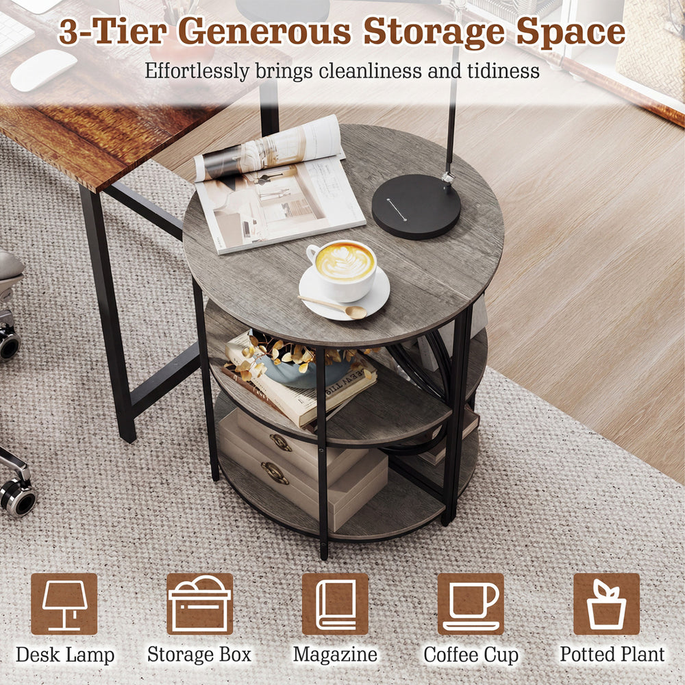 3-Tier half round end table in gray with metal frame, ideal for living room storage and stylish decor.