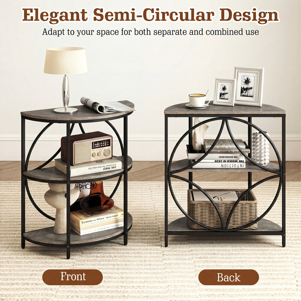 3-tier half round end table in gray with metal frame, featuring geometric design and ample storage for living room use.