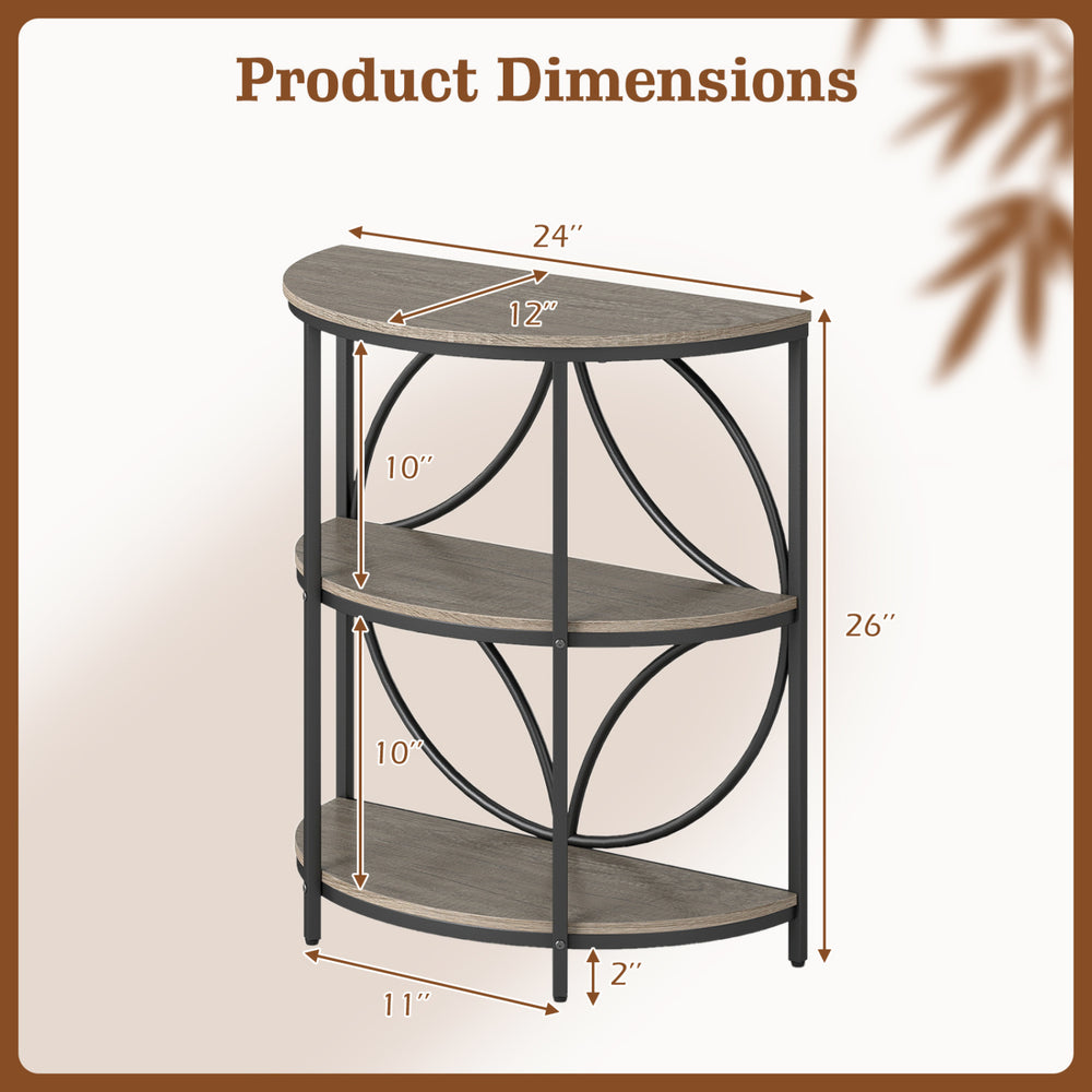 3-tier half round end table with gray wood-like surface and sturdy metal frame, perfect for living room storage and.