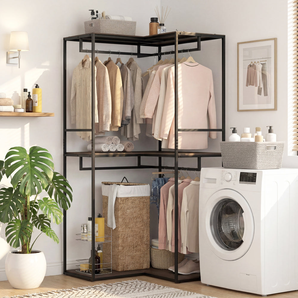 3-tier heavy duty clothes rack with 3 shelves and 2 hanging racks, ideal for organizing laundry and clothing.