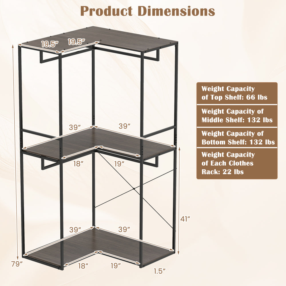 3-tier heavy duty clothes rack with dimensions, featuring 3 shelves and 2 hanging racks for versatile storage.