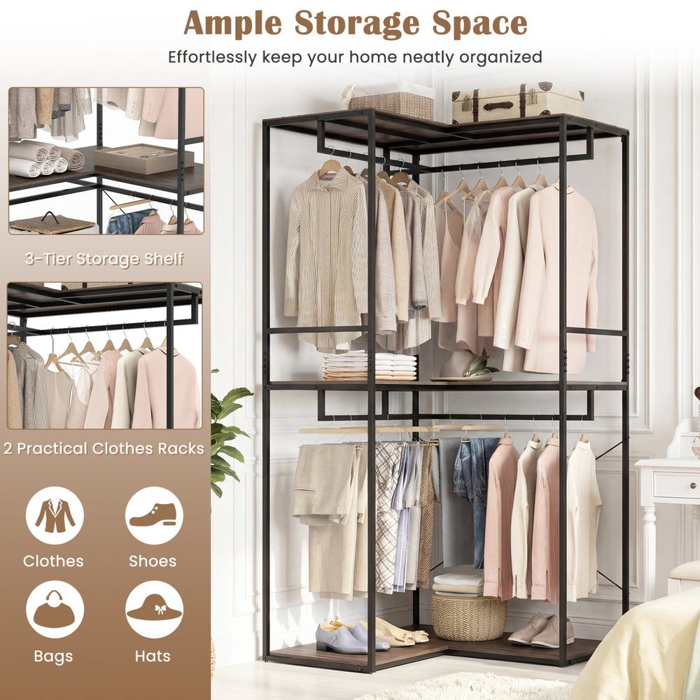 3-tier heavy duty clothes rack with 2 hanging racks and 3 shelves for organized storage of clothes and accessories.