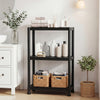 Freestanding 3-tier heavy-duty plastic storage shelves in black, ideal for garage or pantry organization.