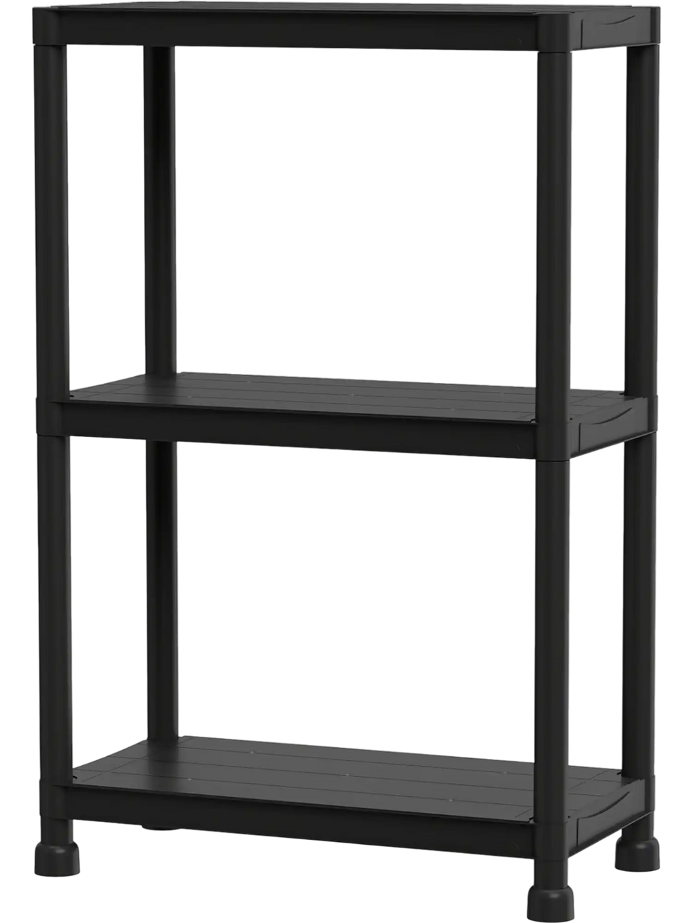 3-tier heavy-duty plastic storage shelf in black, featuring modular design for customizable garage or kitchen.