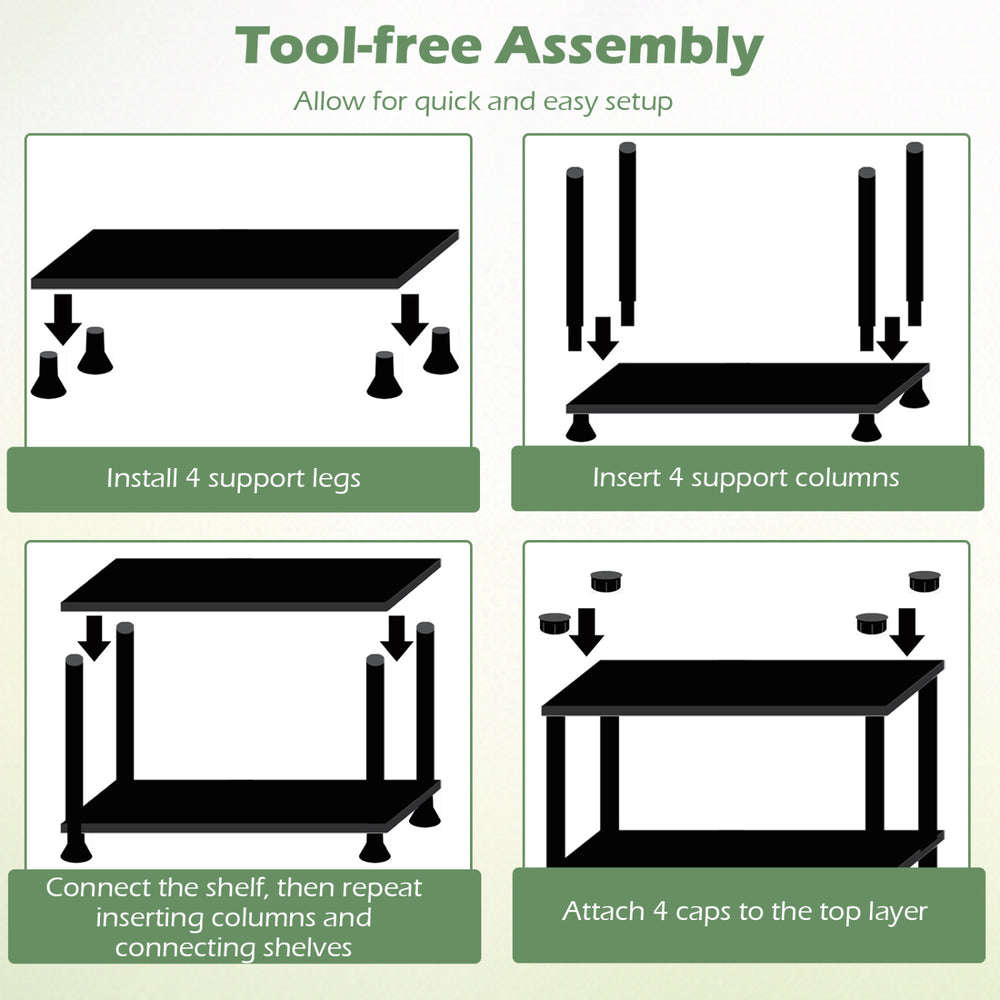 Tool-free assembly instructions for 3-tier heavy-duty plastic storage shelves, designed for quick setup and stability.