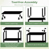 Tool-free assembly instructions for 3-tier heavy-duty plastic storage shelves, designed for quick setup and stability.
