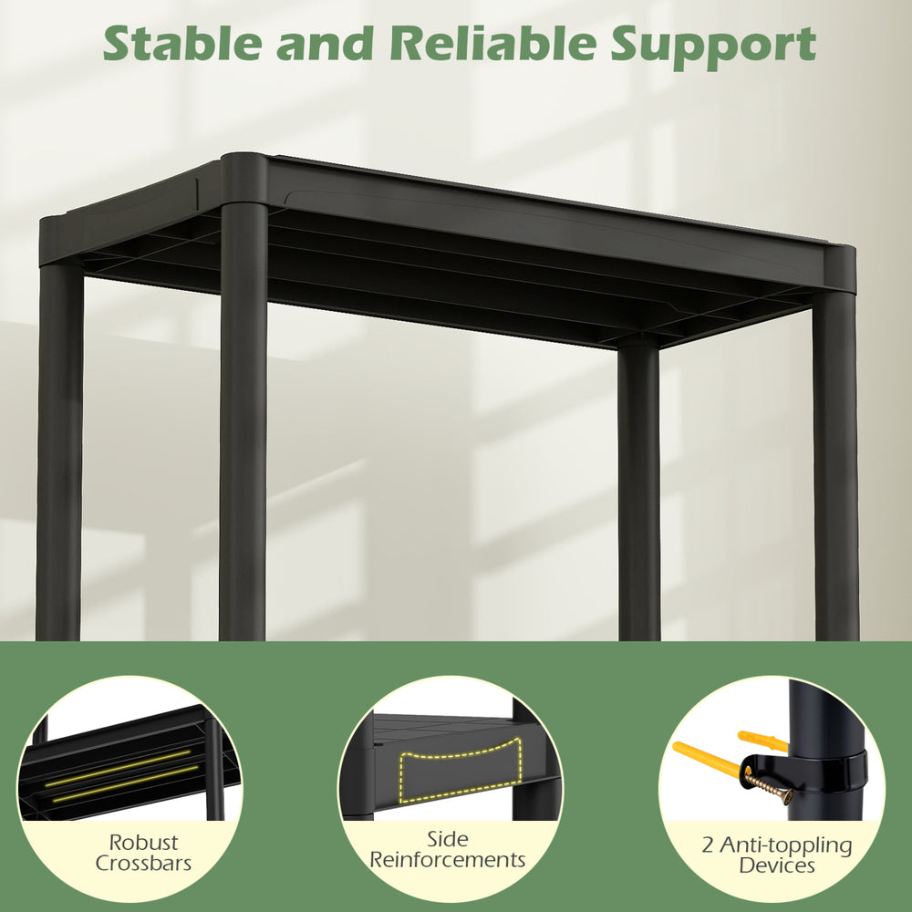 3-tier heavy-duty plastic storage shelf with robust crossbars and anti-toppling devices for stable garage organization.