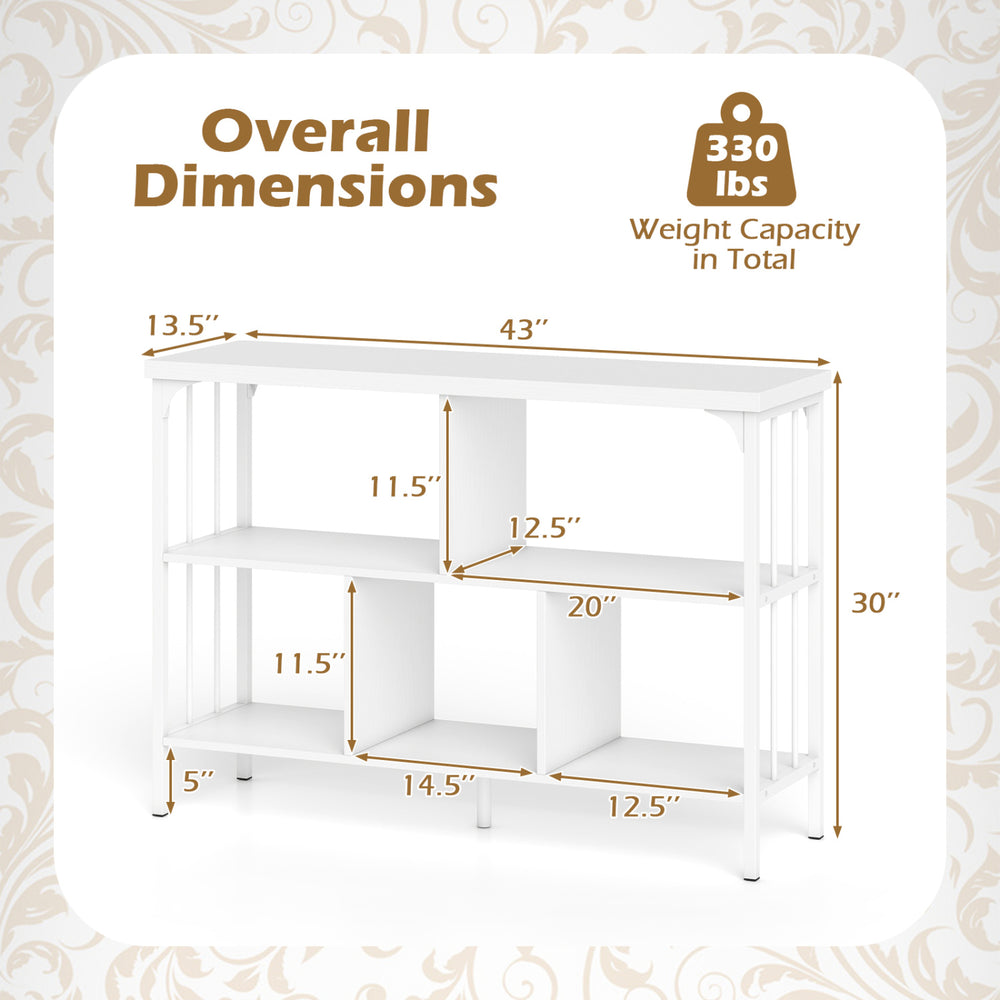 3-tier horizontal cubby bookshelf in white with open shelves, ideal for living room or office, supports 330 lbs total.