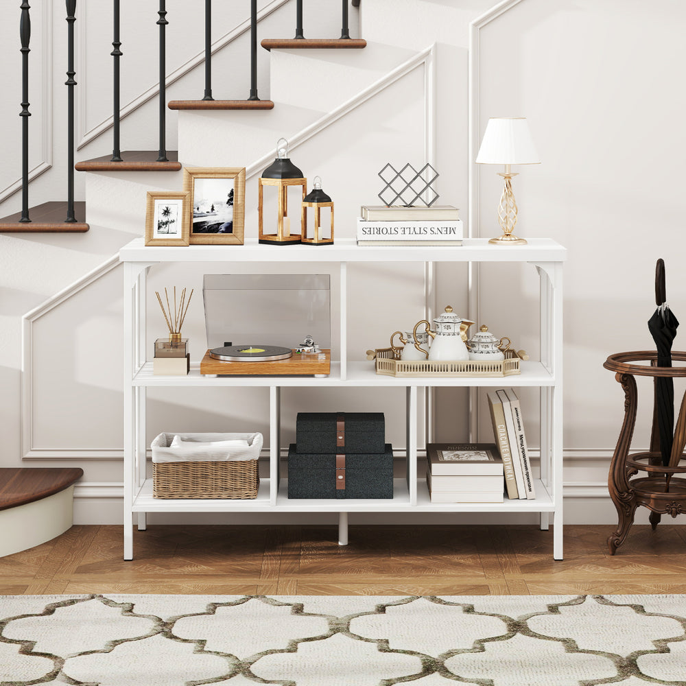 Three-tier white cubby bookshelf with open shelves, ideal for living room or office storage and display.