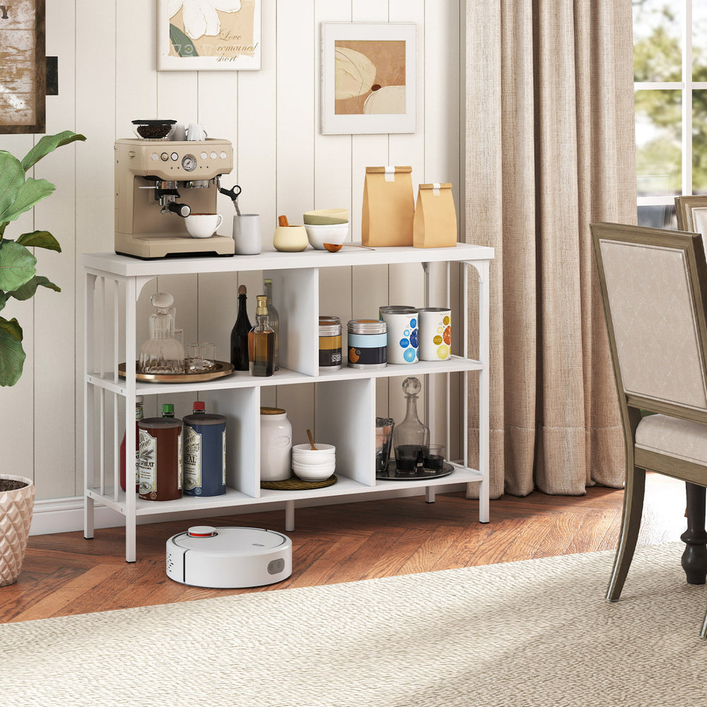 3-tier horizontal cubby bookshelf in white with open shelves, perfect for living room or office storage and display.