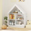 House-shaped toy storage organizer in white with 3 tiers and 5 compartments for kids' toys and books. Ideal for.