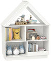 House-shaped toy storage organizer in white with 3 tiers and 5 compartments for kids' toys and books.