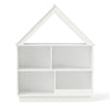 House-shaped toy storage organizer in white with 3 tiers and 5 compartments for easy access and organization.