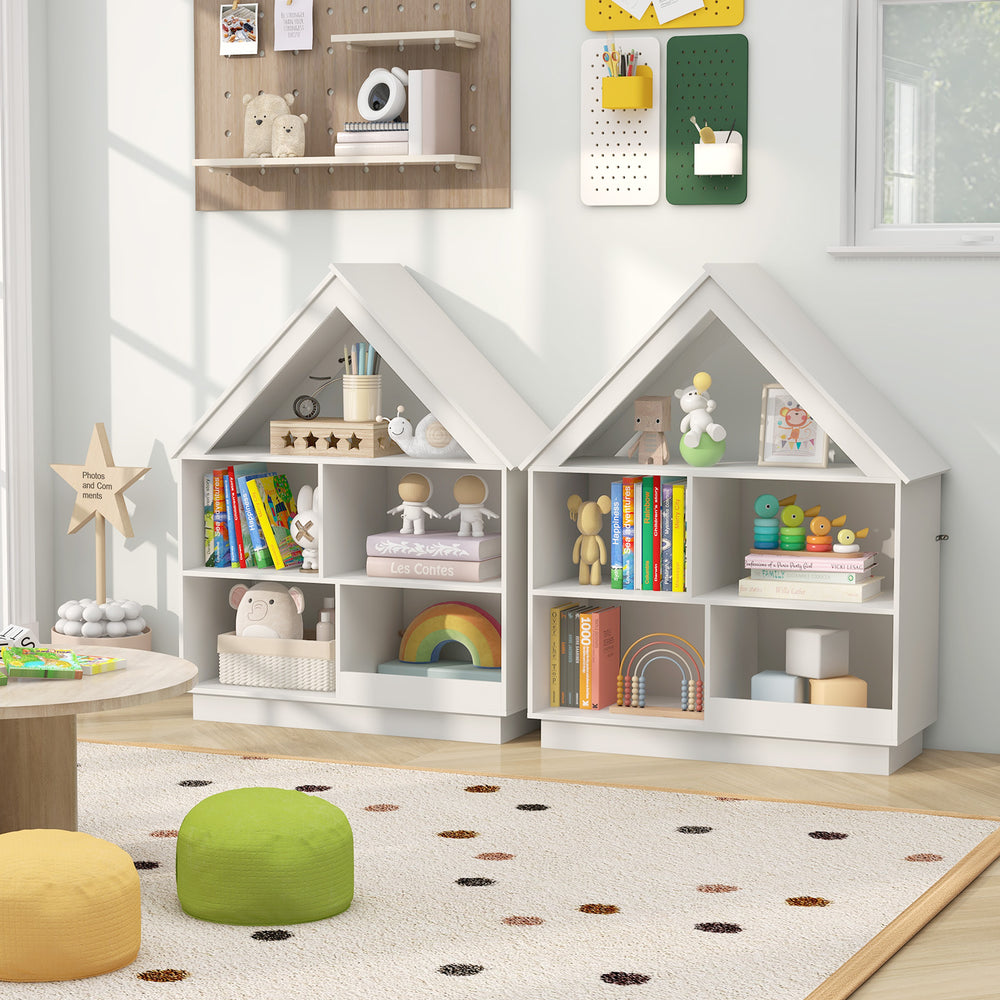 House-shaped toy storage organizer in white, showcasing the open design and 5 compartments for kids' easy access and.