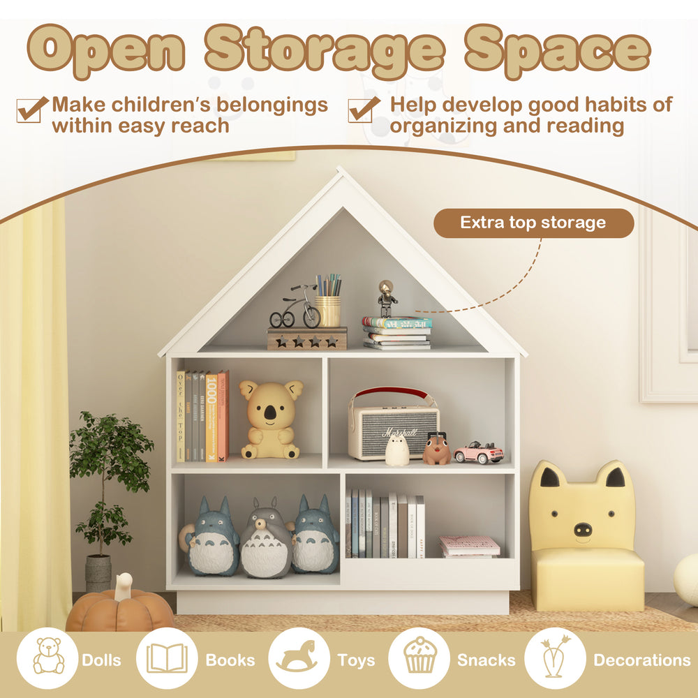 3-tier house-shaped toy storage organizer in white, featuring open shelves for easy access to books, toys, and.