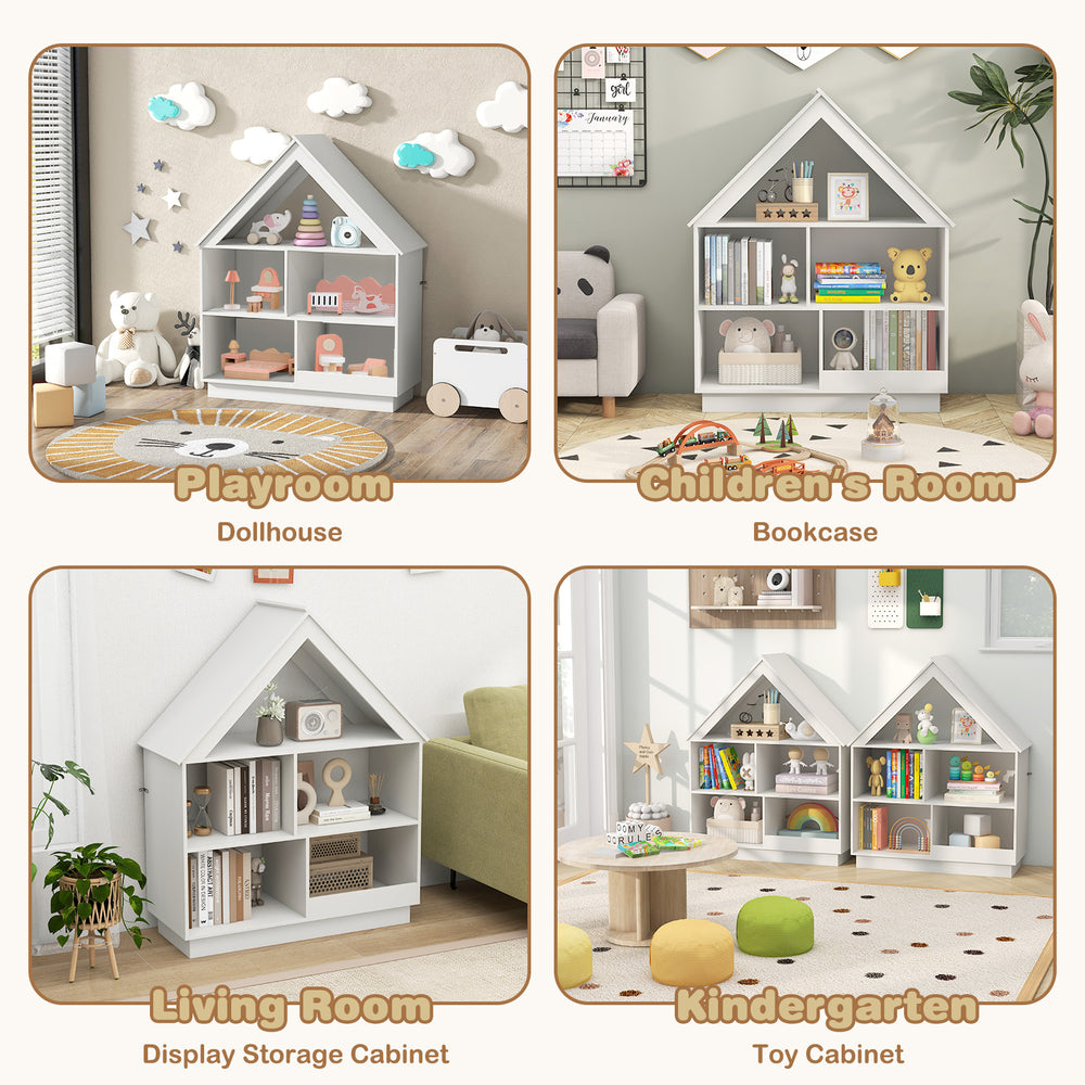3-tier house-shaped toy storage organizer in white, featuring open shelves and compartments for kids' toys and books.