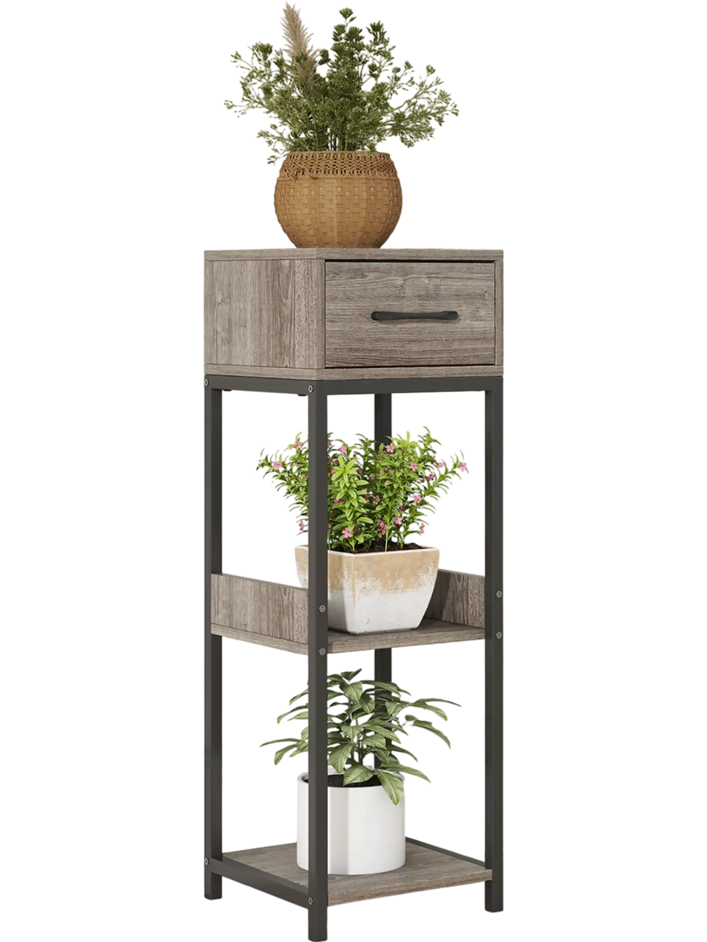 Tall 3-tier plant stand in gray with drawer, featuring open shelves for plants and anti-tipping devices for safety.