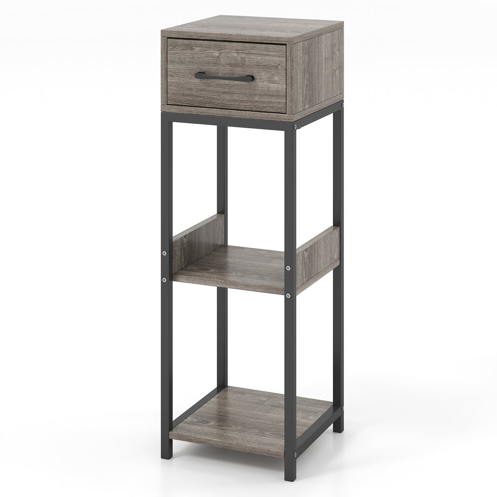 3-tier tall plant stand in gray with drawer and open shelves, ideal for organizing plants and displaying items in any.