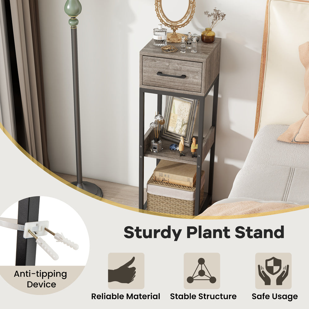 3-tier tall plant stand with drawer in gray, featuring anti-tipping devices, ideal for entryway or living room use.