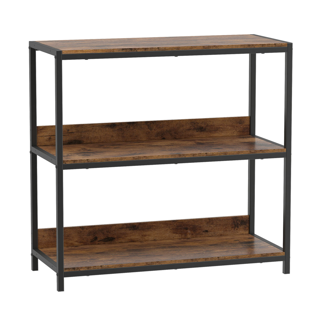 3-tier industrial bookshelf featuring rustic brown wooden shelves and a sturdy metal frame for stylish storage.