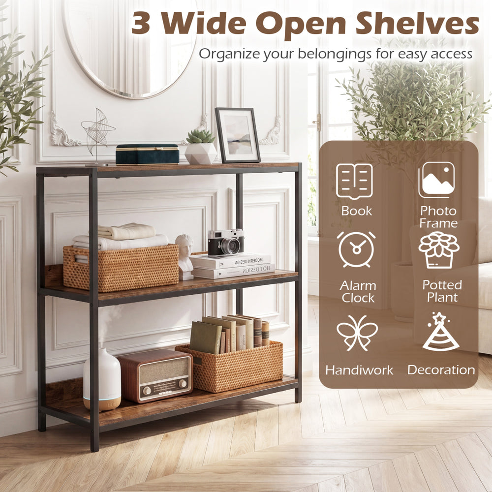 3-tier industrial bookshelf with rustic brown wooden shelves and metal frame, ideal for organizing books and decor.