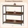 3-tier industrial bookshelf with rustic brown wooden shelves and metal frame, showcasing dimensions and weight capacity.